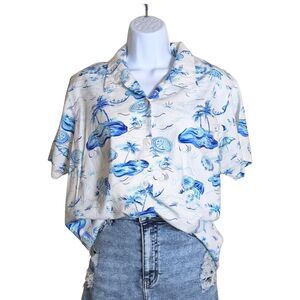 90s Vintage Columbia Sportswear Tropical Beach Vacation Shirt White and Blue